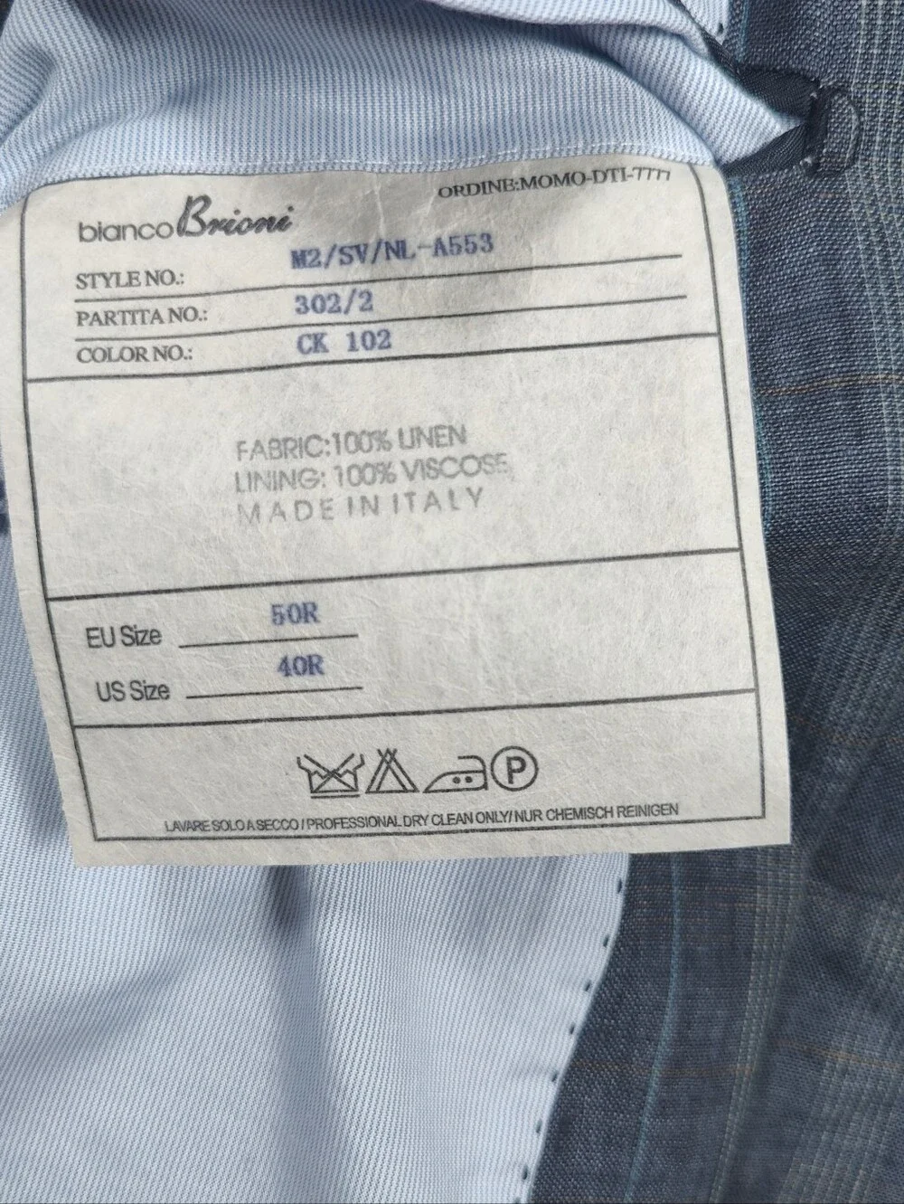Bianco Brioni Mens Blue Grey 100% Linen Plaid Blazer Size 40R Made In Italy